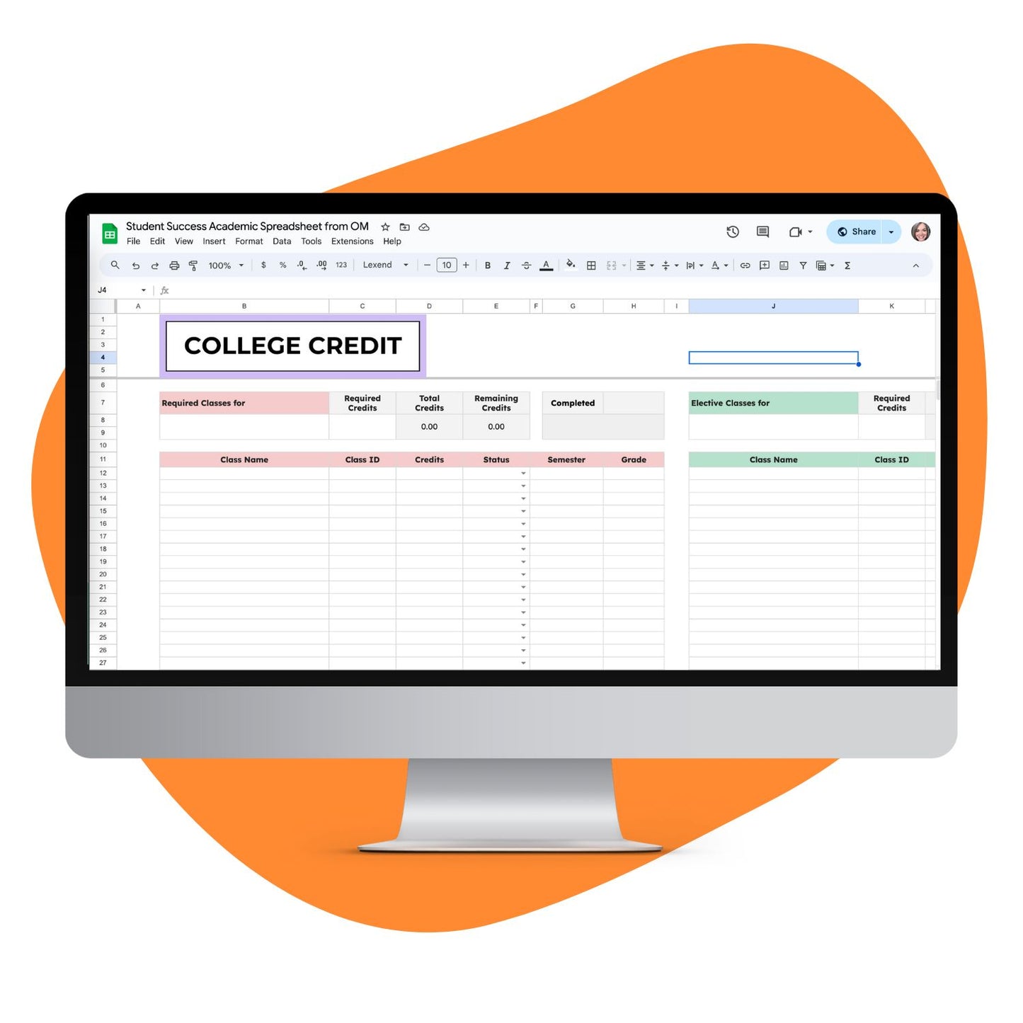 College Credit Spreadsheet mockup