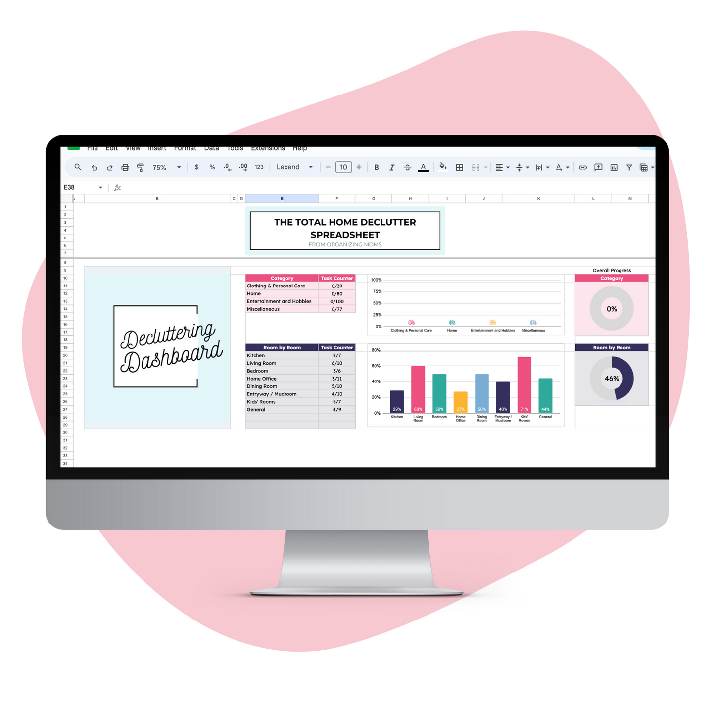 Mockup of Decluttering Dashboard in Total Home Declutter Spreadsheet