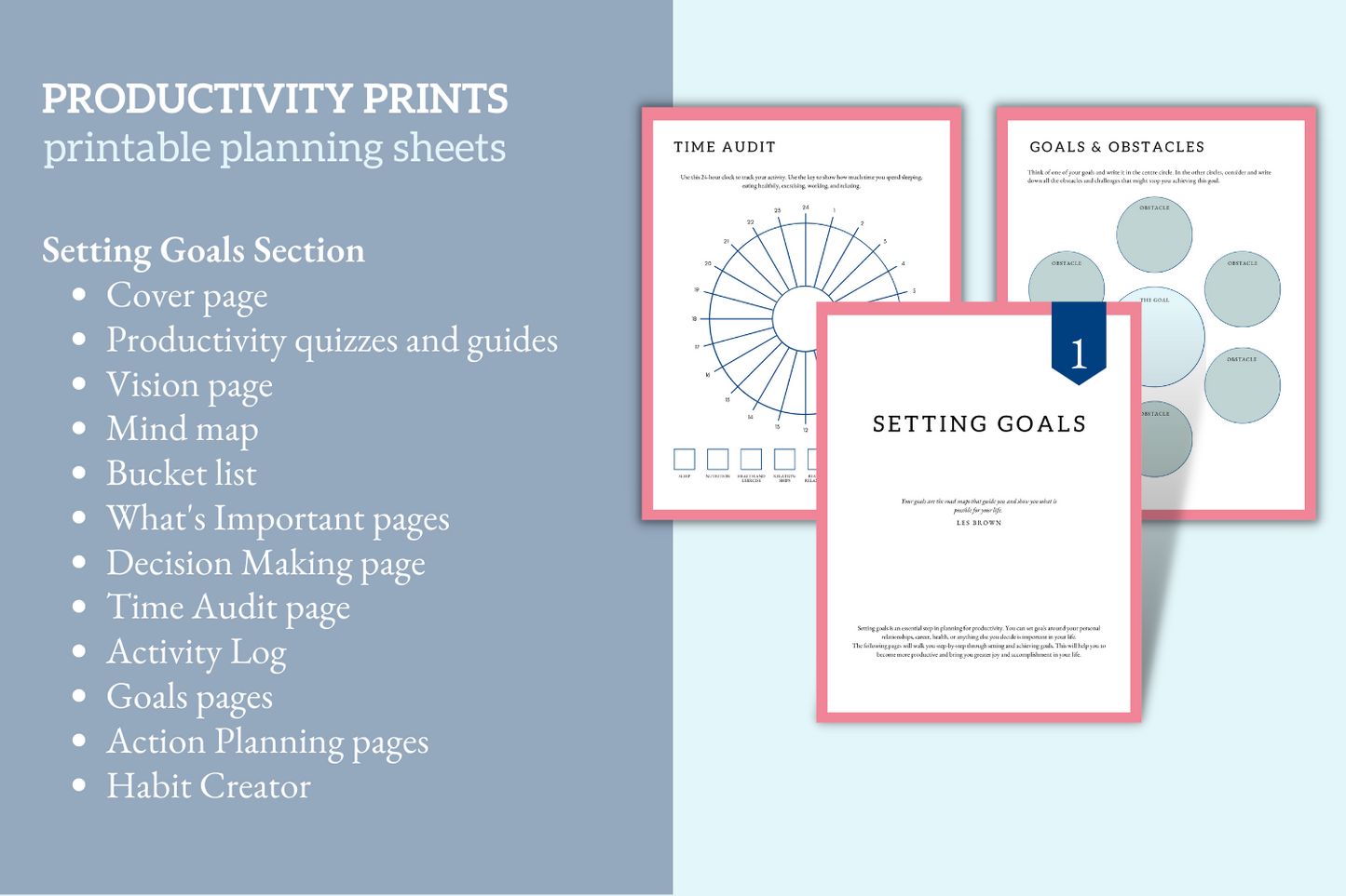 Productivity Prints printable planning sheets Setting Goals section mockup.