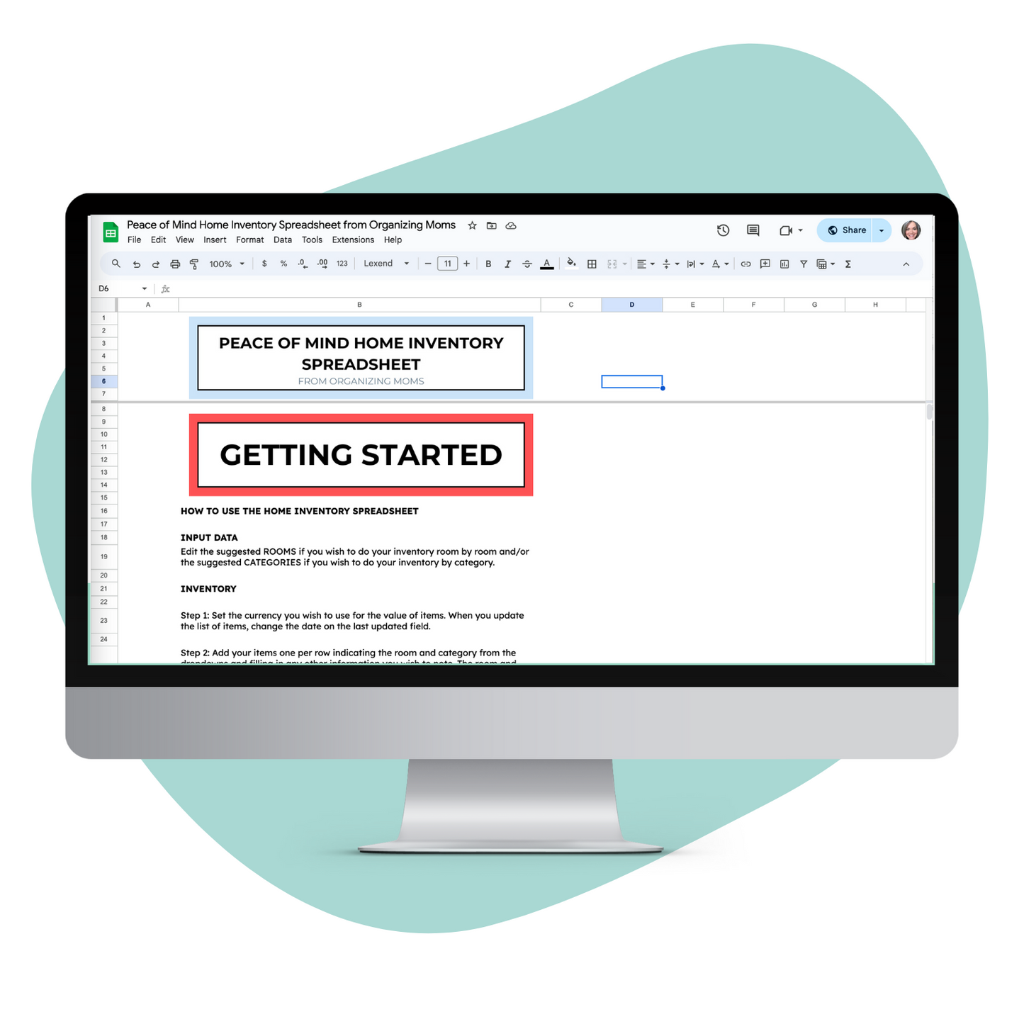 Mockup of Getting Started Page on the Peace of Mind Home Inventory Spreadsheet