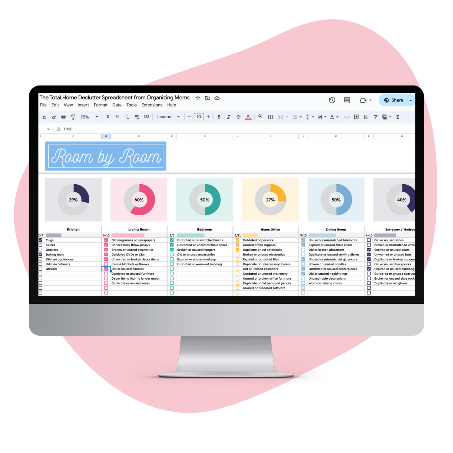 Mockup of Room by Room Decluttering page in Total Home Declutter Spreadsheet