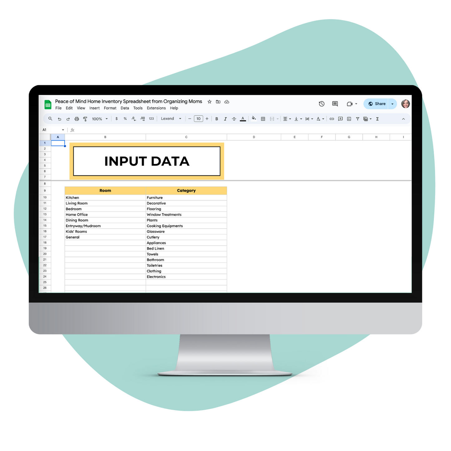 Mockup of the Input Data page on the Peace of Mind Home Inventory Spreadsheet