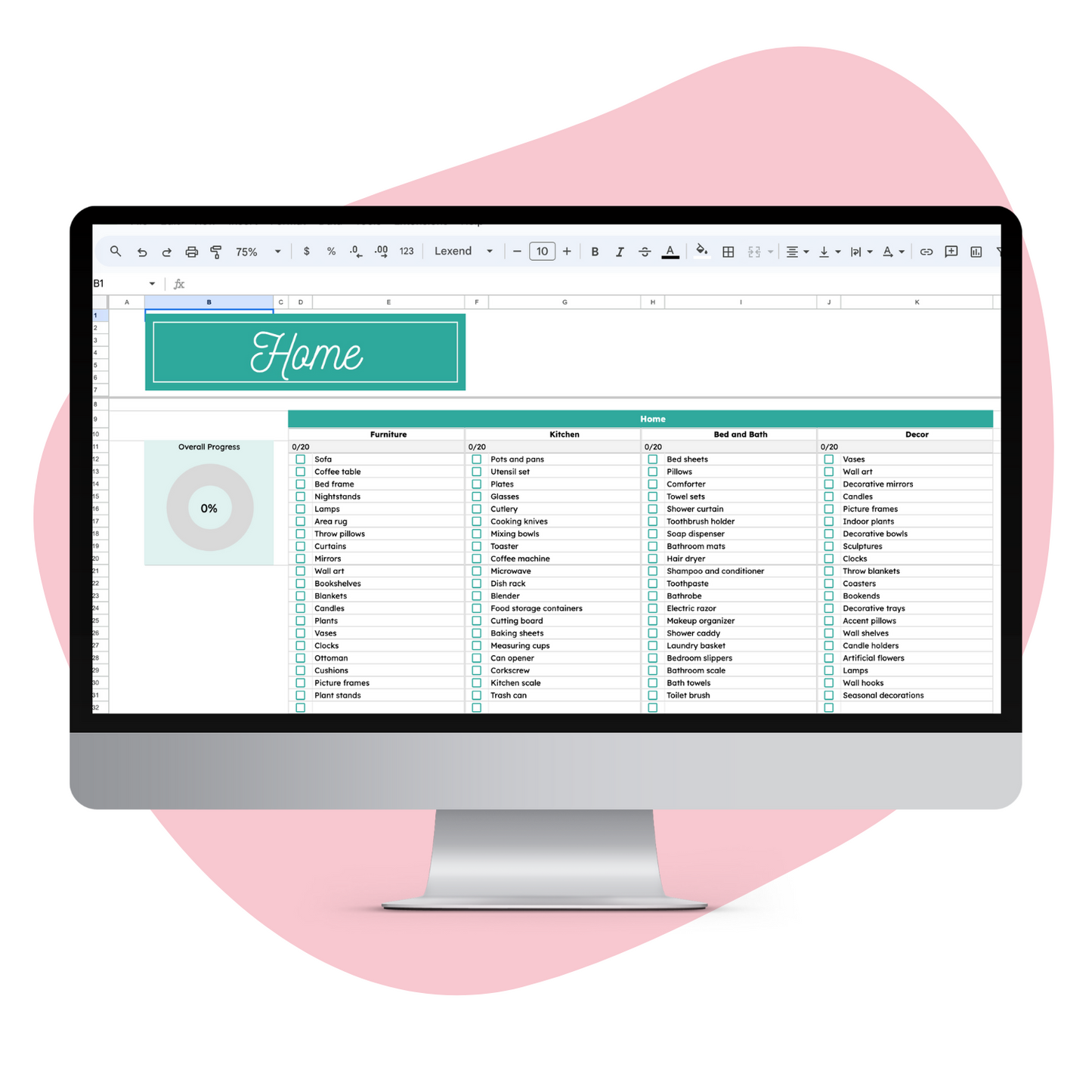 Mockup of Home Decluttering Page in Total Home Declutter Spreadsheet