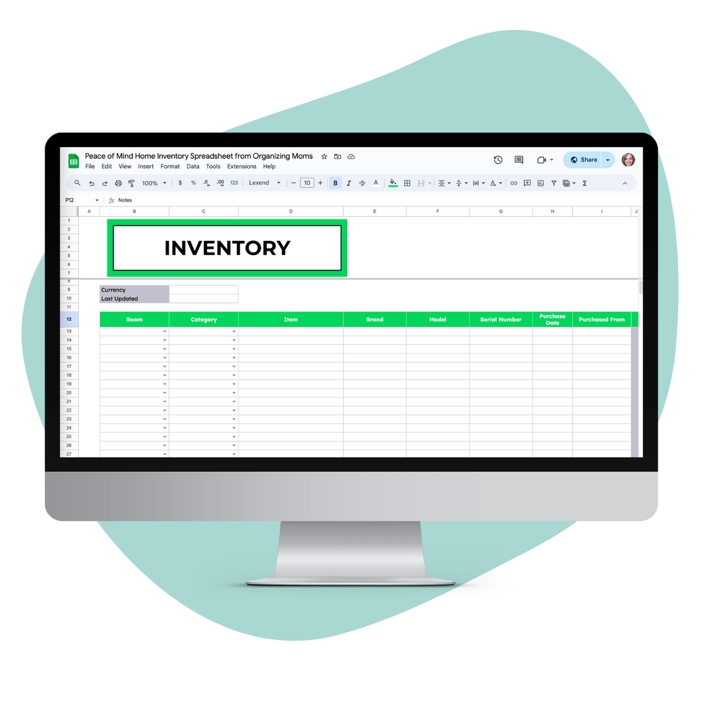 Mockup of Inventory page on Peace of Mind Home Inventory Spreadsheet