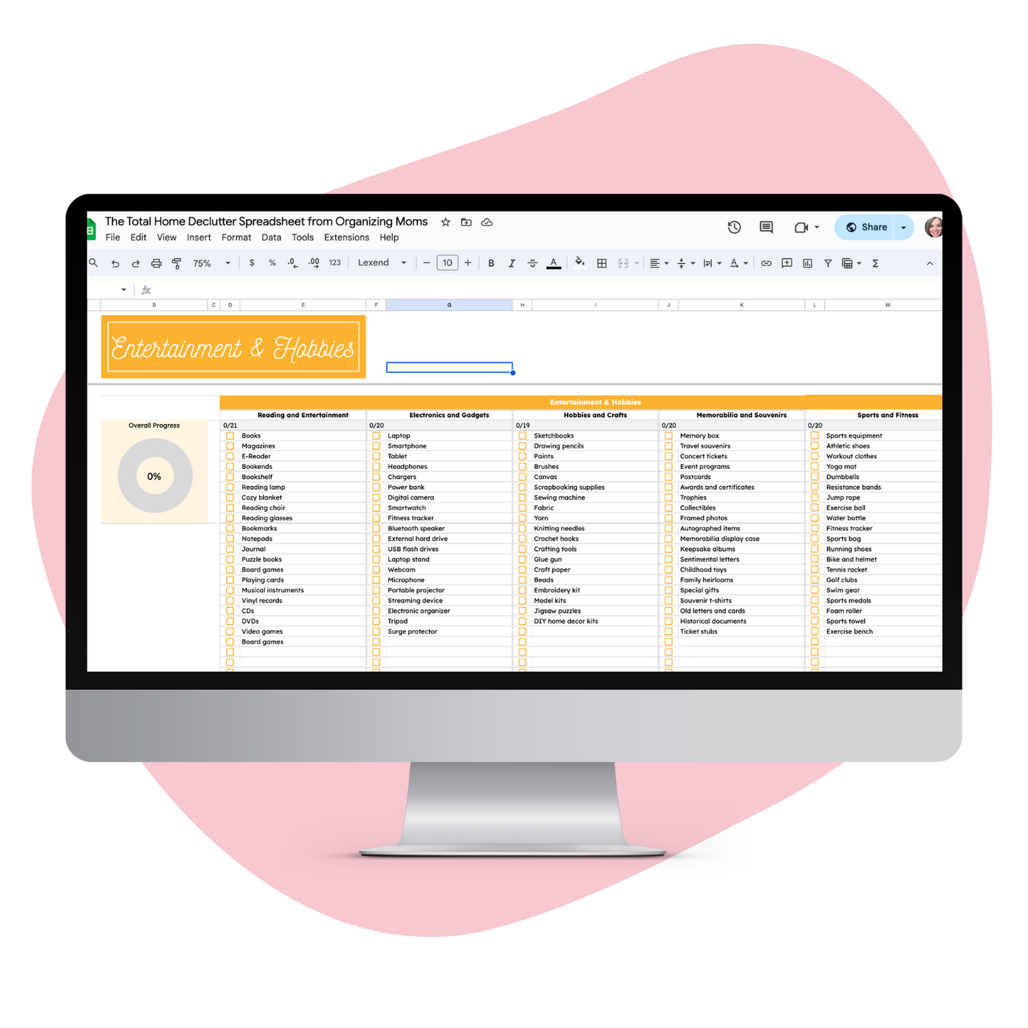 Mockup of Entertainment and Hobbies Decluttering page in Total Home Declutter Spreadsheet