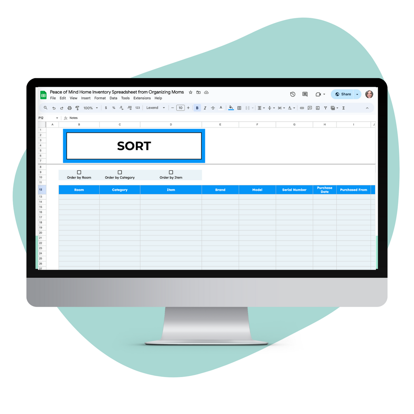 Mockup of Sort page on Peace of Mind Home Inventory Spreadsheet