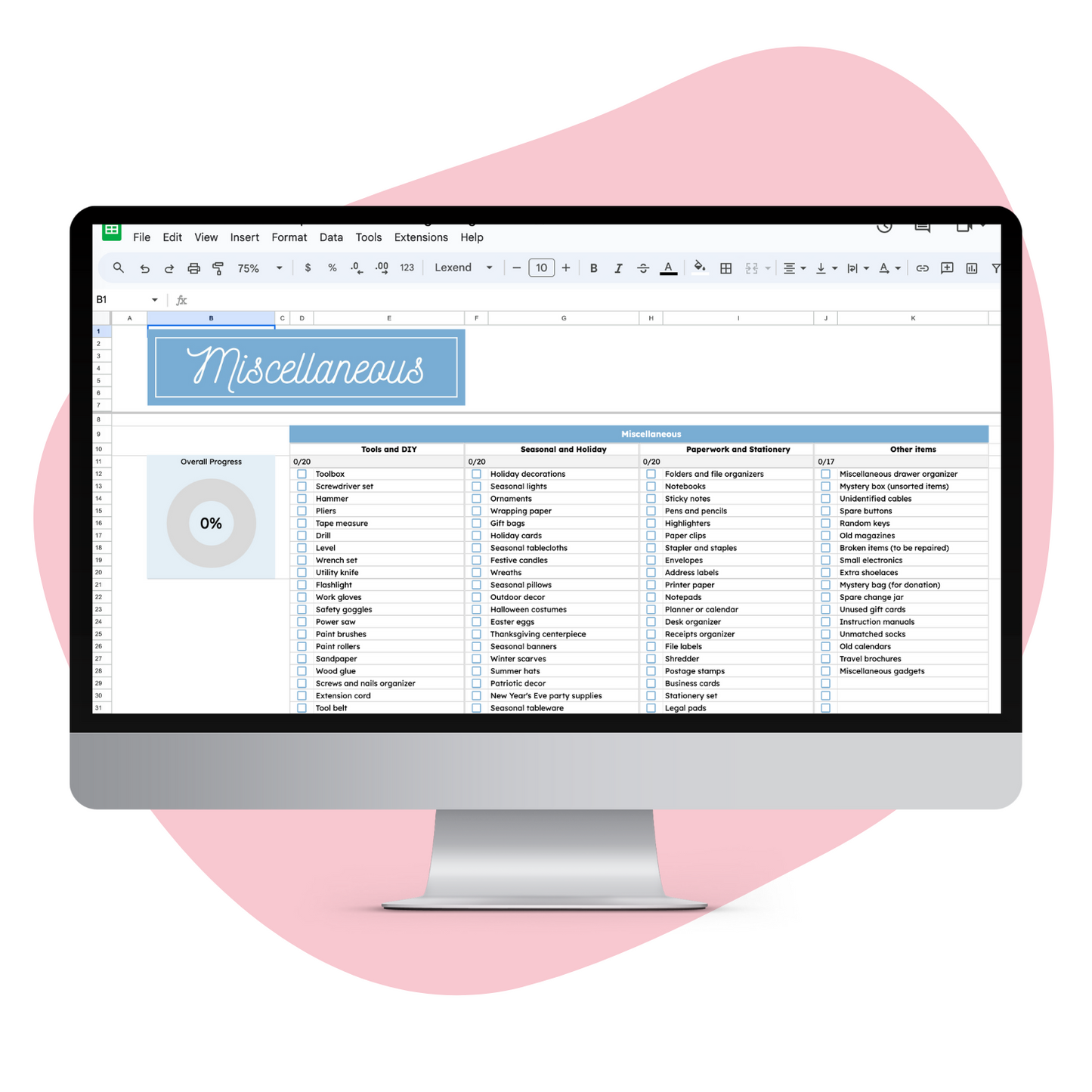 Mockup of Misc Tools and DIY, Seasonal and Holiday, Paperwork and Stationery Items in Total Home Declutter Spreadsheet