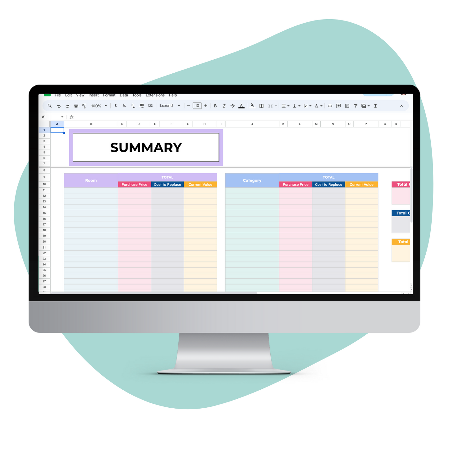 Mockup of Summary page on the Peace of Mind Home Inventory Spreadsheet