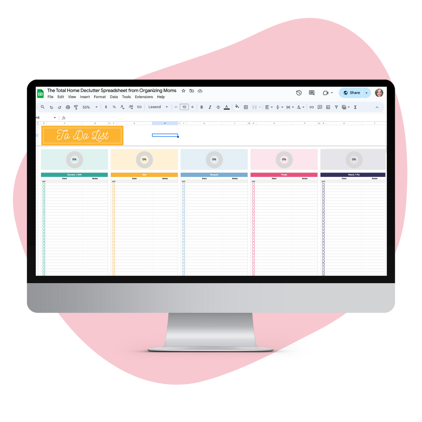 Mockup of To Do List page in Total Home Declutter Spreadsheet