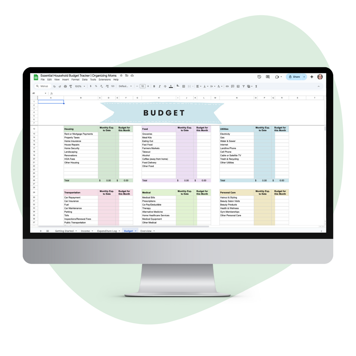 Mockup of the budget page on the Essential Budget Tracker Spreadsheet