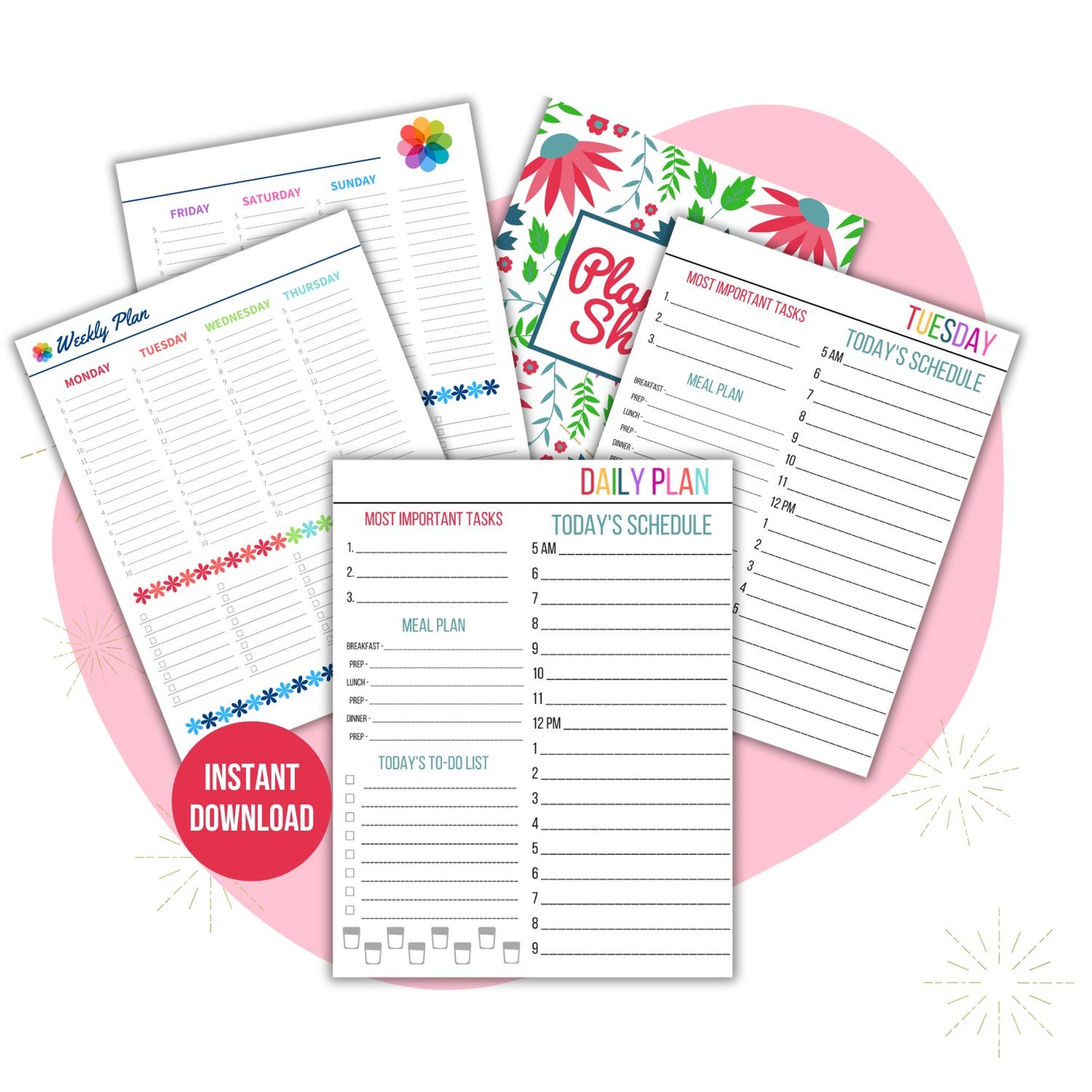 Daily Plan Sheet printable mockup highlighting Instant Download. Daily Planning Sheet Collection.