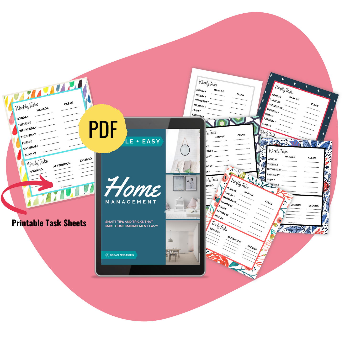 Mockup of Home Management ebook and printable task sheets for weekly tasks. PDF.