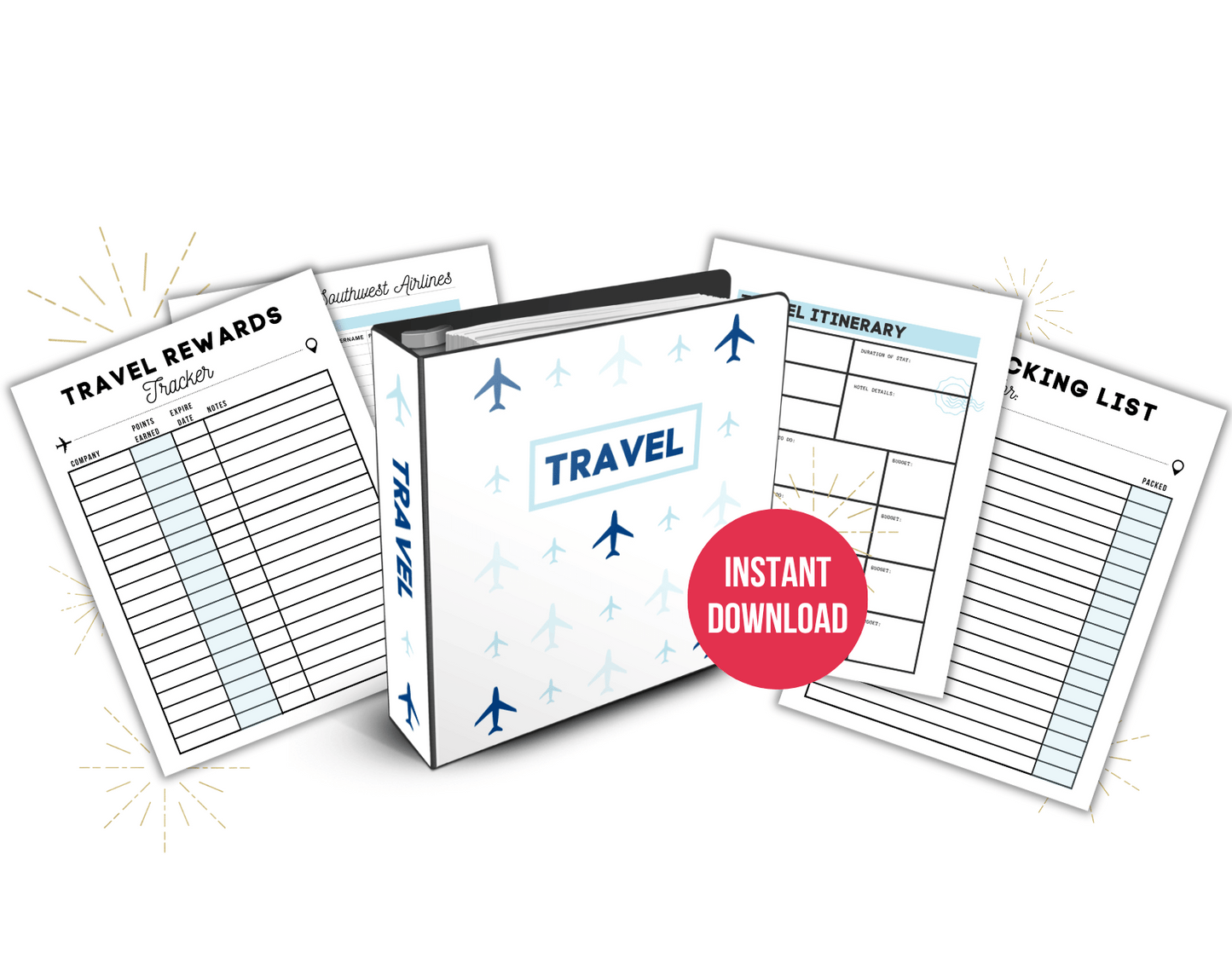 Travel Organization Printables Mockup. Travel Rewards Tracker, Itinerary, Packing List