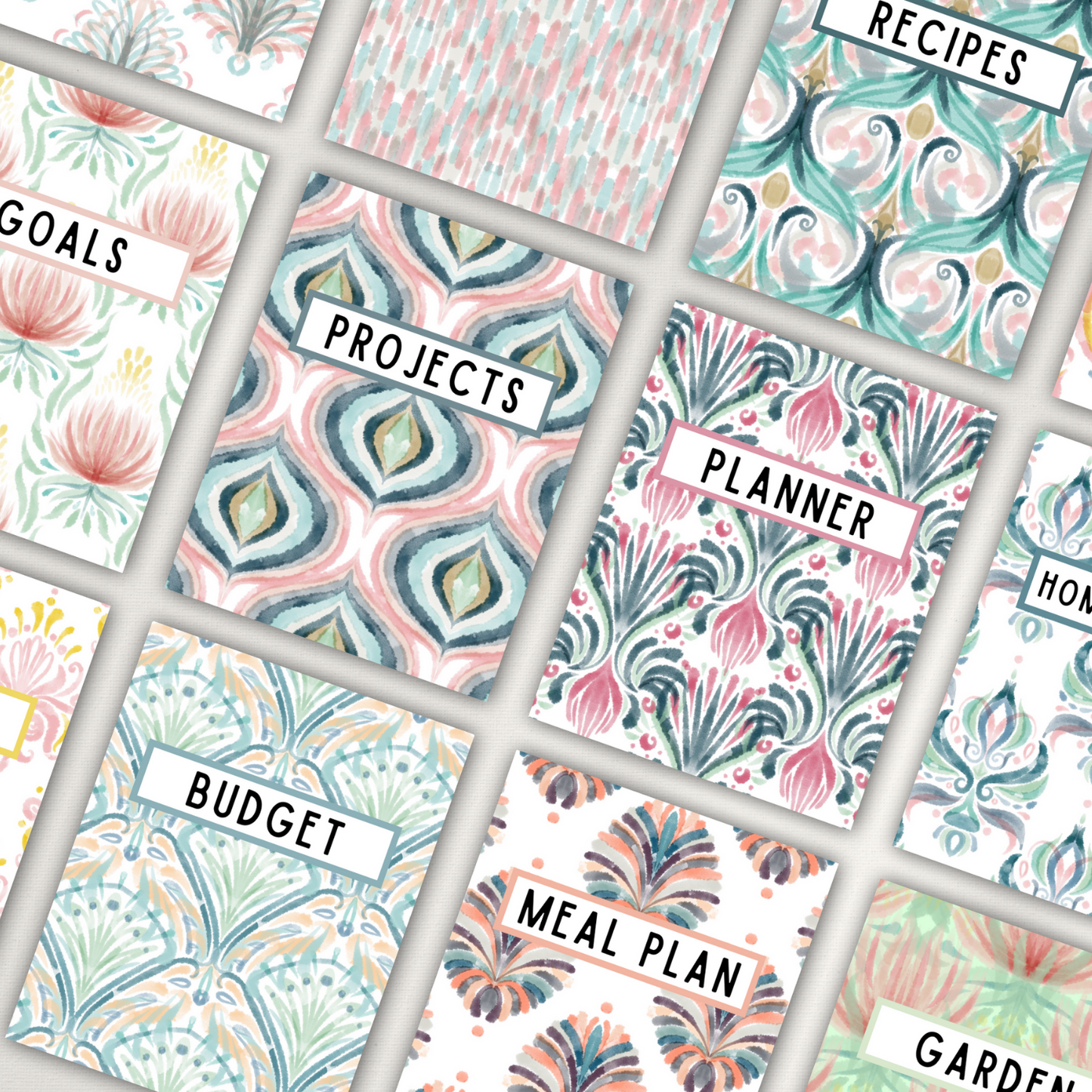 Binder Covers included in collection in flatlay to show beautiful patterned designs. Shows covers for Goals Binder, Projects Binder, Recipes Binder, Planner Binder, Meal Plan Binder, Budget Binder and more.