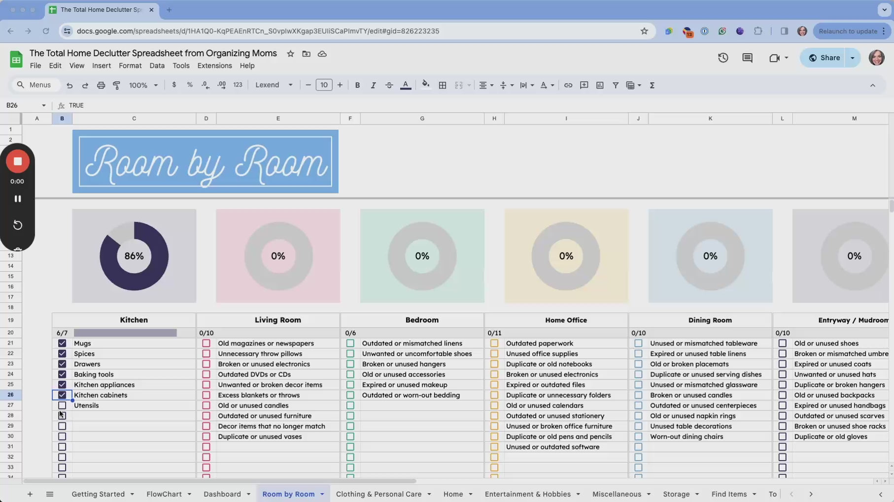 Video showing Room by Room Declutter spreadsheet, checking off things on list