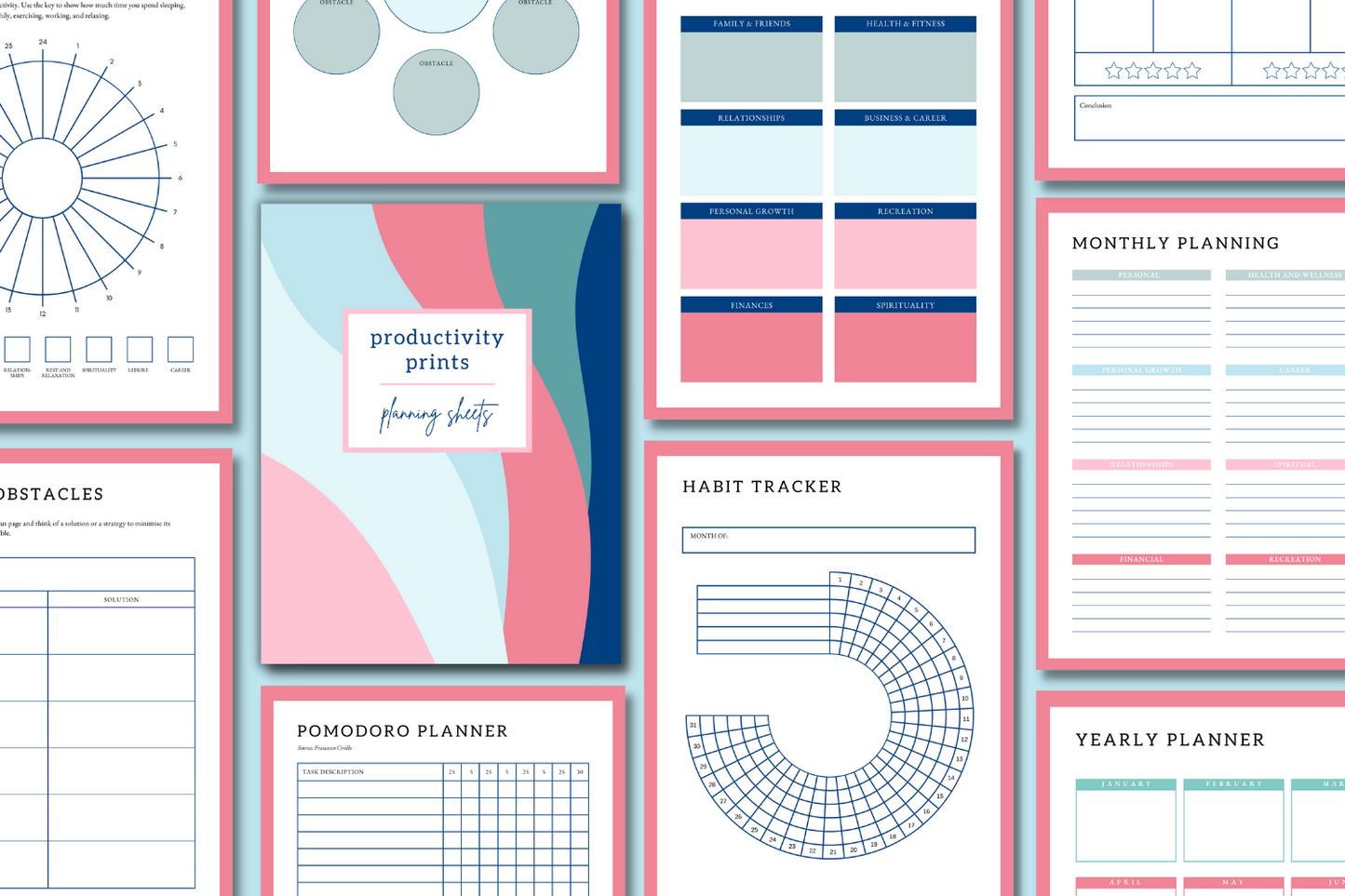 Productivity Prints planning sheets mockup of printable pages. Pomodoro planner, Habit tracker, Monthly planning, Yearly planner.