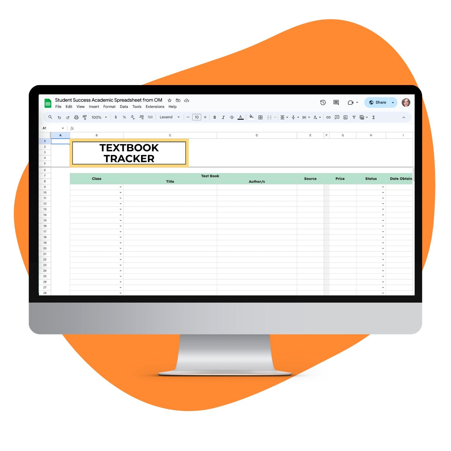 Textbook Tracker Spreadsheet mockup