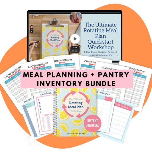 Ultimate Rotating Meal Plan Workshop on computer screen, pantry inventory printables, and rotating meal plan workbook. Meal Planning + Pantry Inventory Bundle (text)