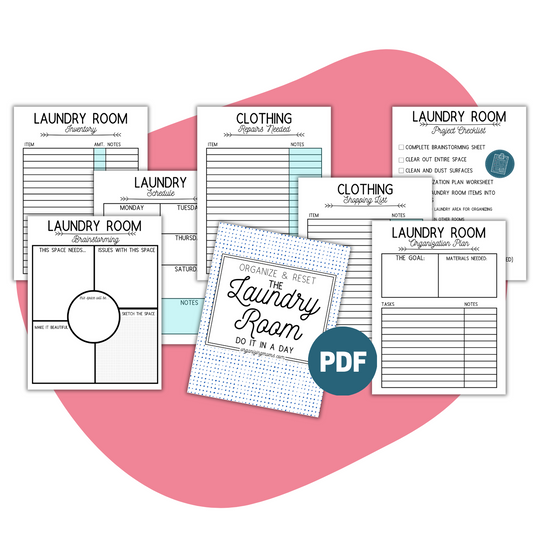 Laundry Room Do It In a Day Organize and Reset Printables. Includes Laundry Room Organization Plan, Brainstorming, Project Checklist. Laundry Room Interntory, Laundry Schedule, Clothing Repairs Needed, Clothing Shopping List. PDF>