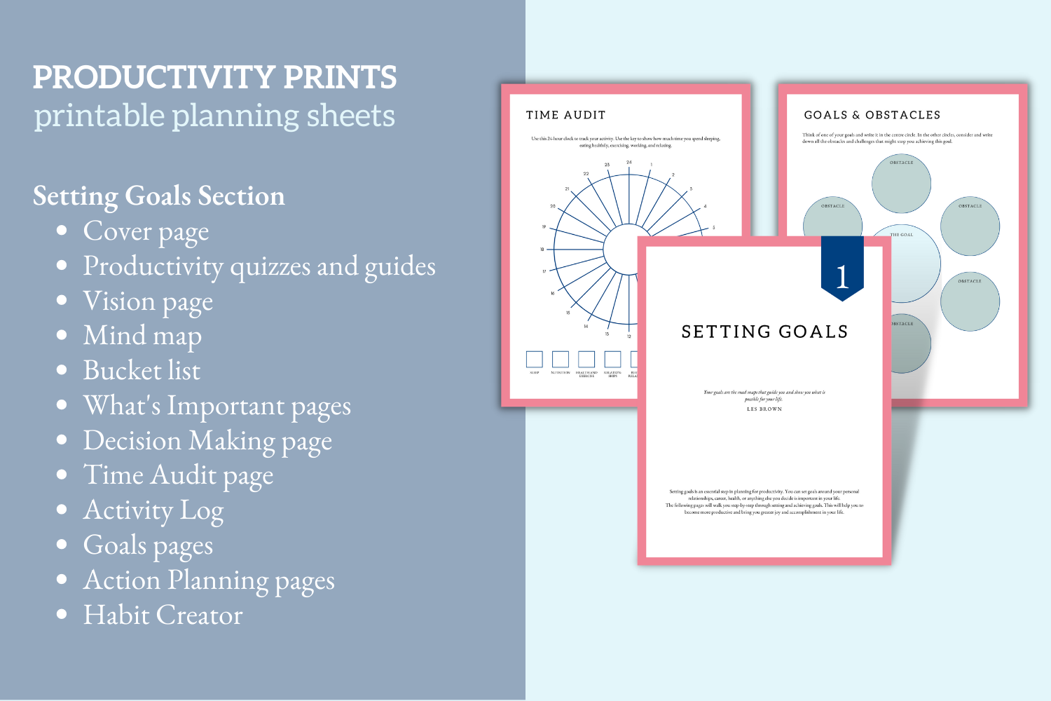 Productivity Prints printable planning sheets Setting Goals section mockup.