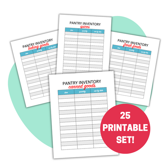 Printable Pantry Inventory sheets mockup. Text says 25 printable set.