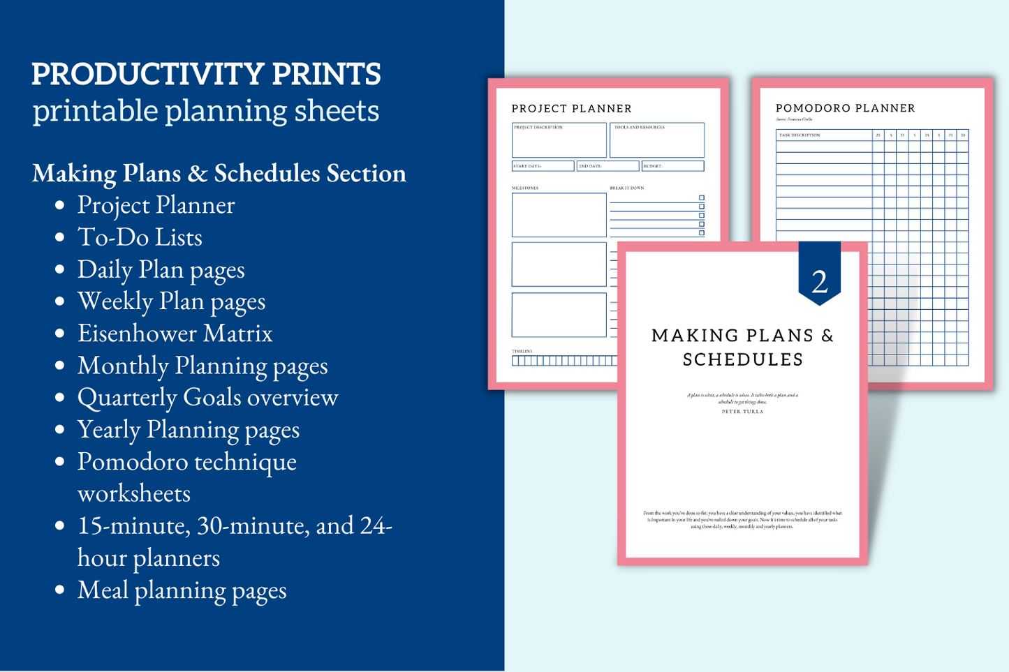 Making Plans and Schedules section in Productivity Prints printable planning sheets.