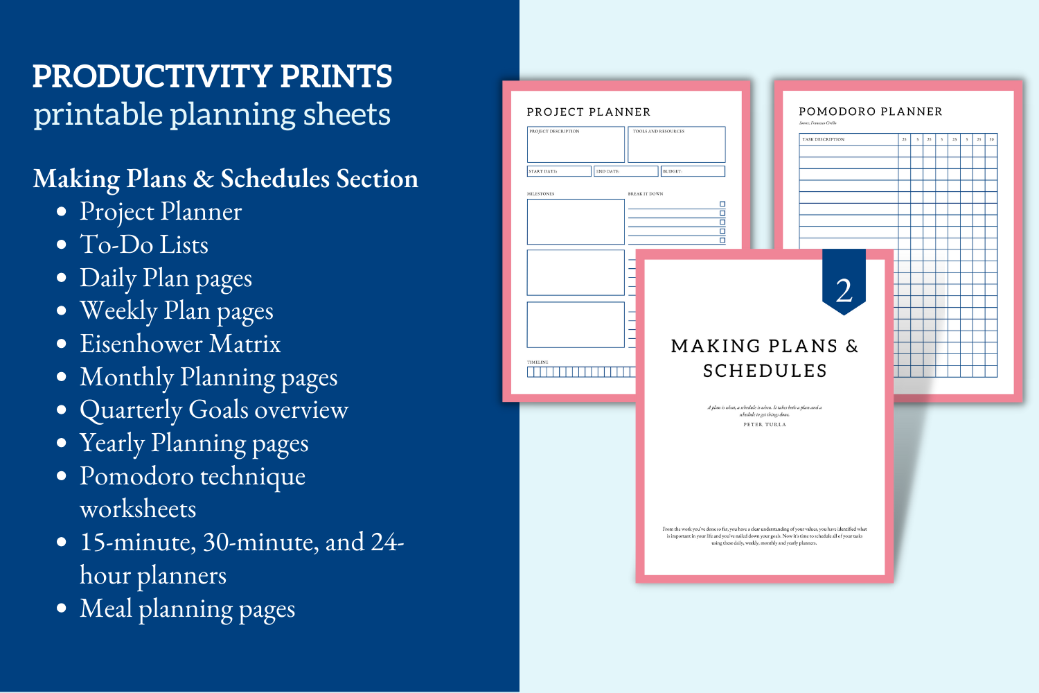 Making Plans and Schedules section in Productivity Prints printable planning sheets.