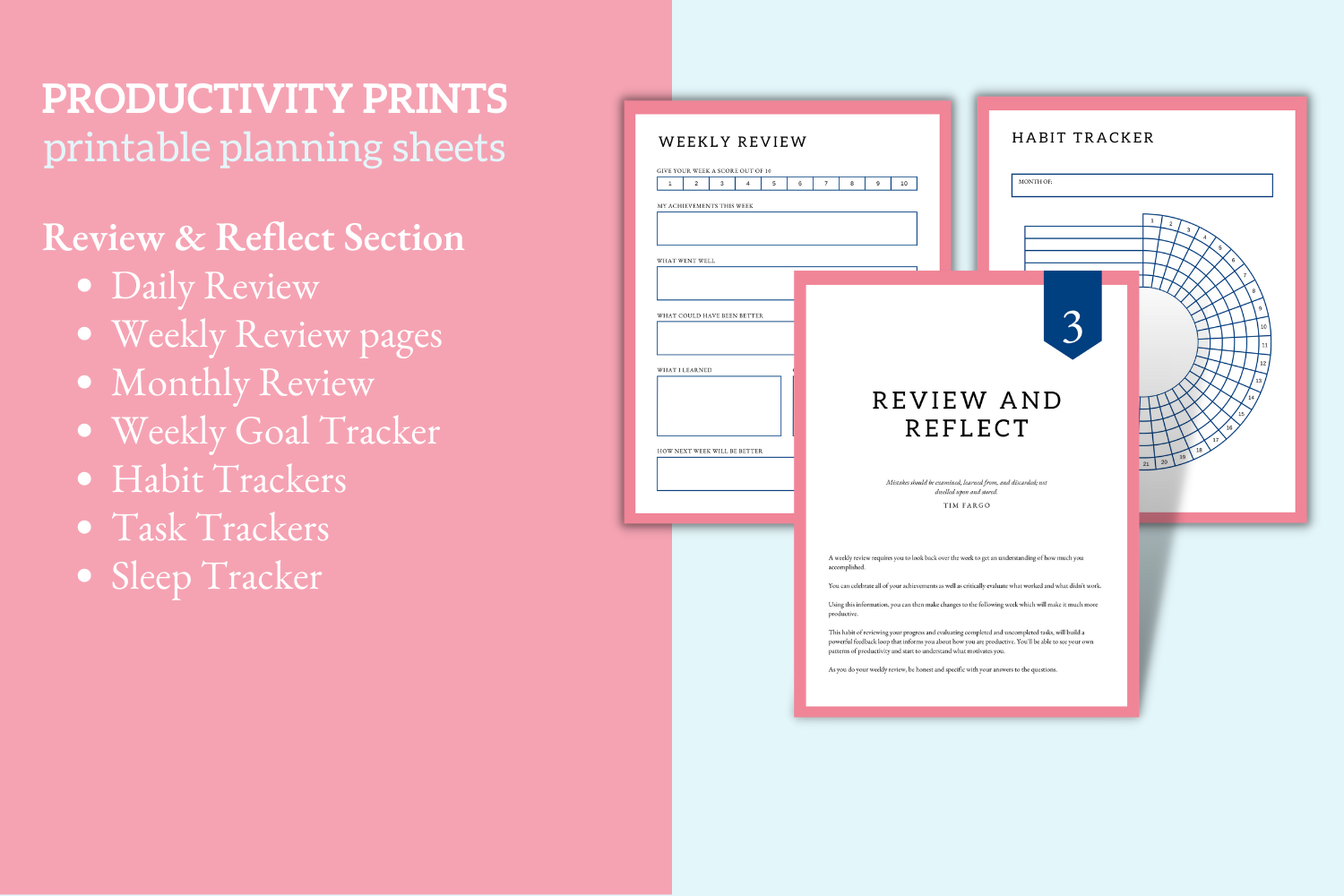 Review and Reflect section in Productivity Prints printable planning sheets mockup.