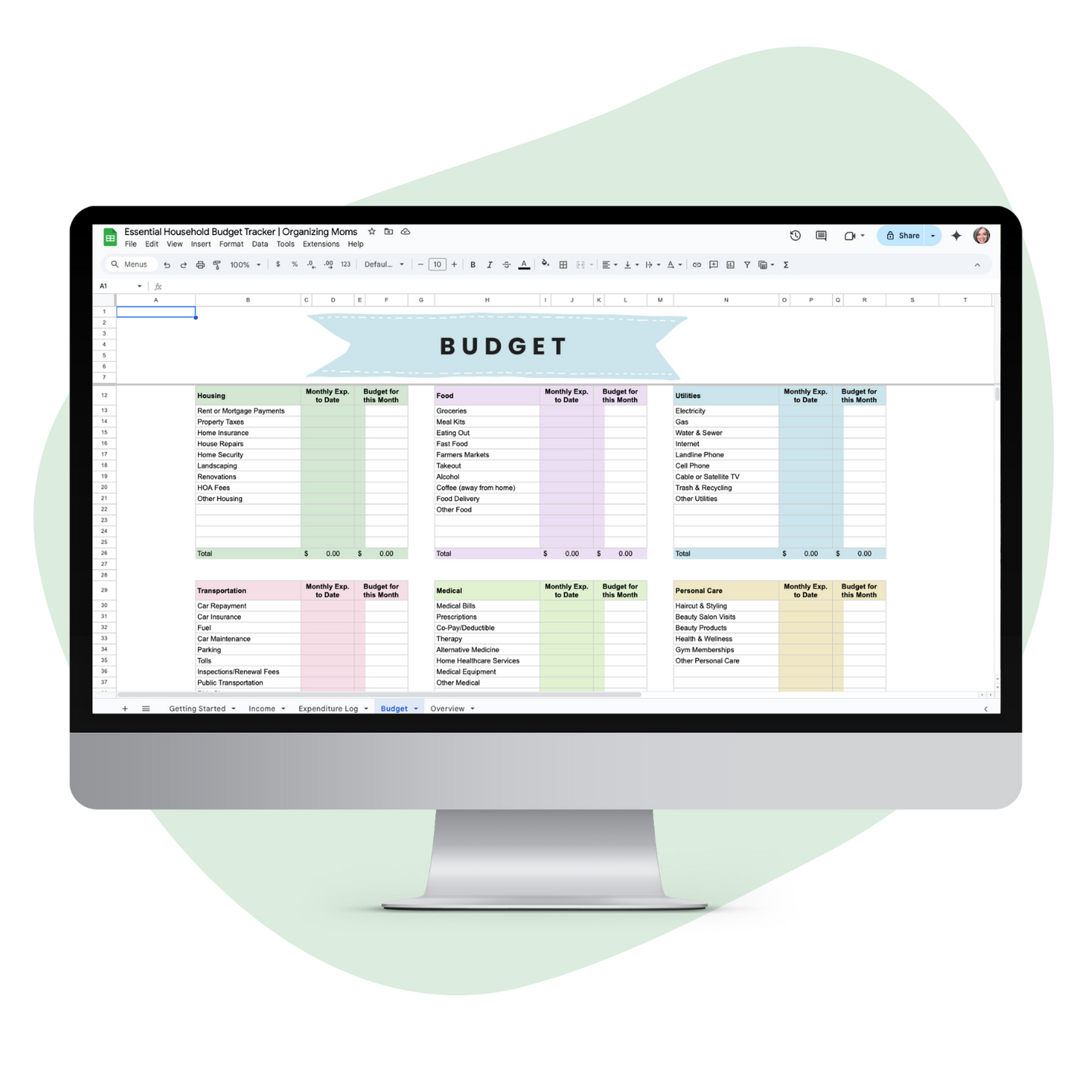 Mockup of the budget  page on the Essential Budget Tracker Spreadsheet