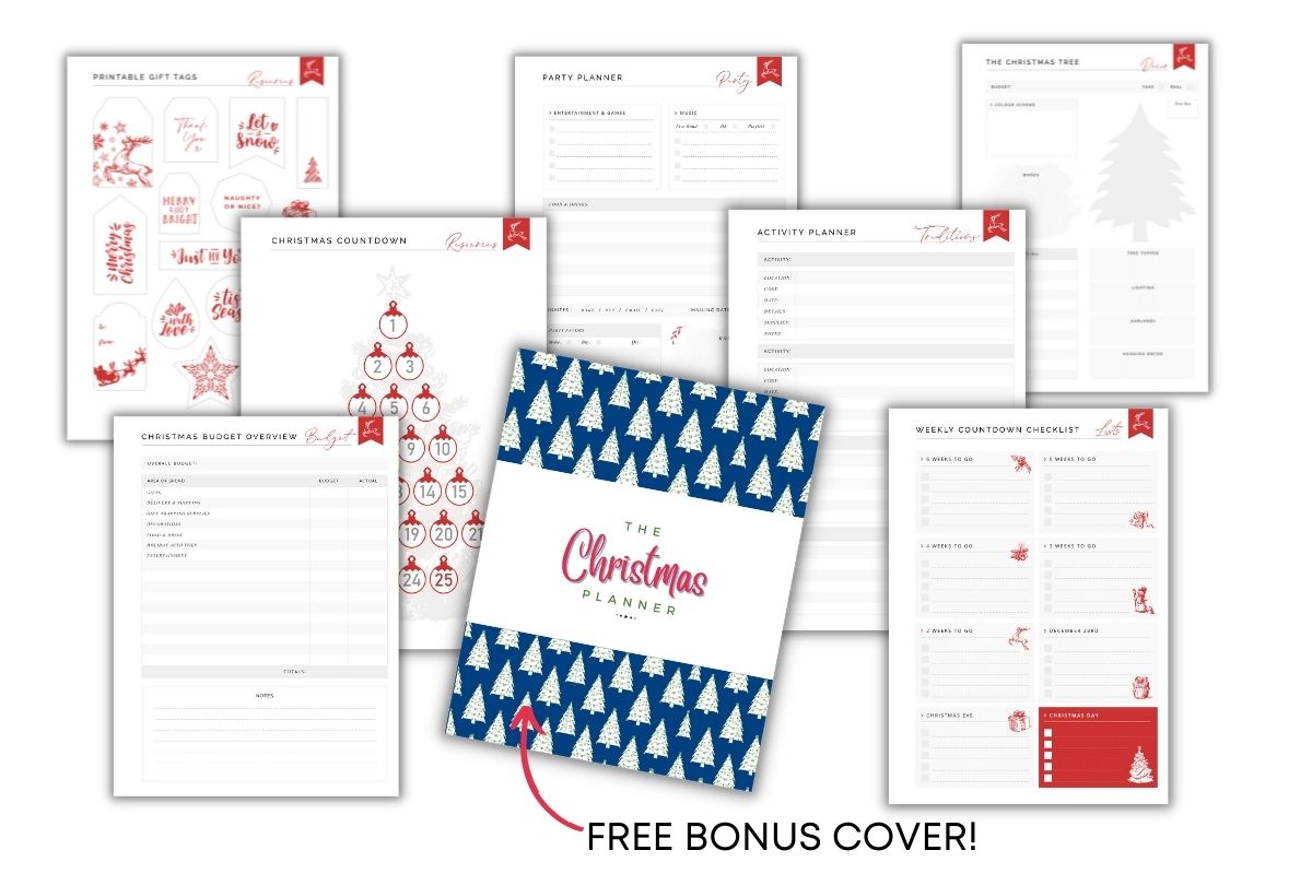 Christmas Planner printables mockup showing christmas countdown, pritnable gift tags, Christmas budget overview, activity planner, party planner and Christmas tree planner