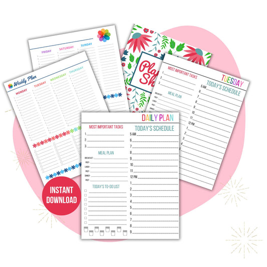Daily Plan Sheet printable mockup highlighting Instant Download. Daily Planning Sheet Collection.
