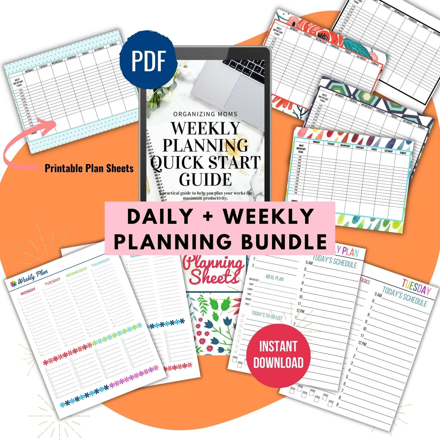 Mockup of Daily and Weekly Planning Bundle printables and Weekly Planning Quickstart Guide. PDF, Instant Download.