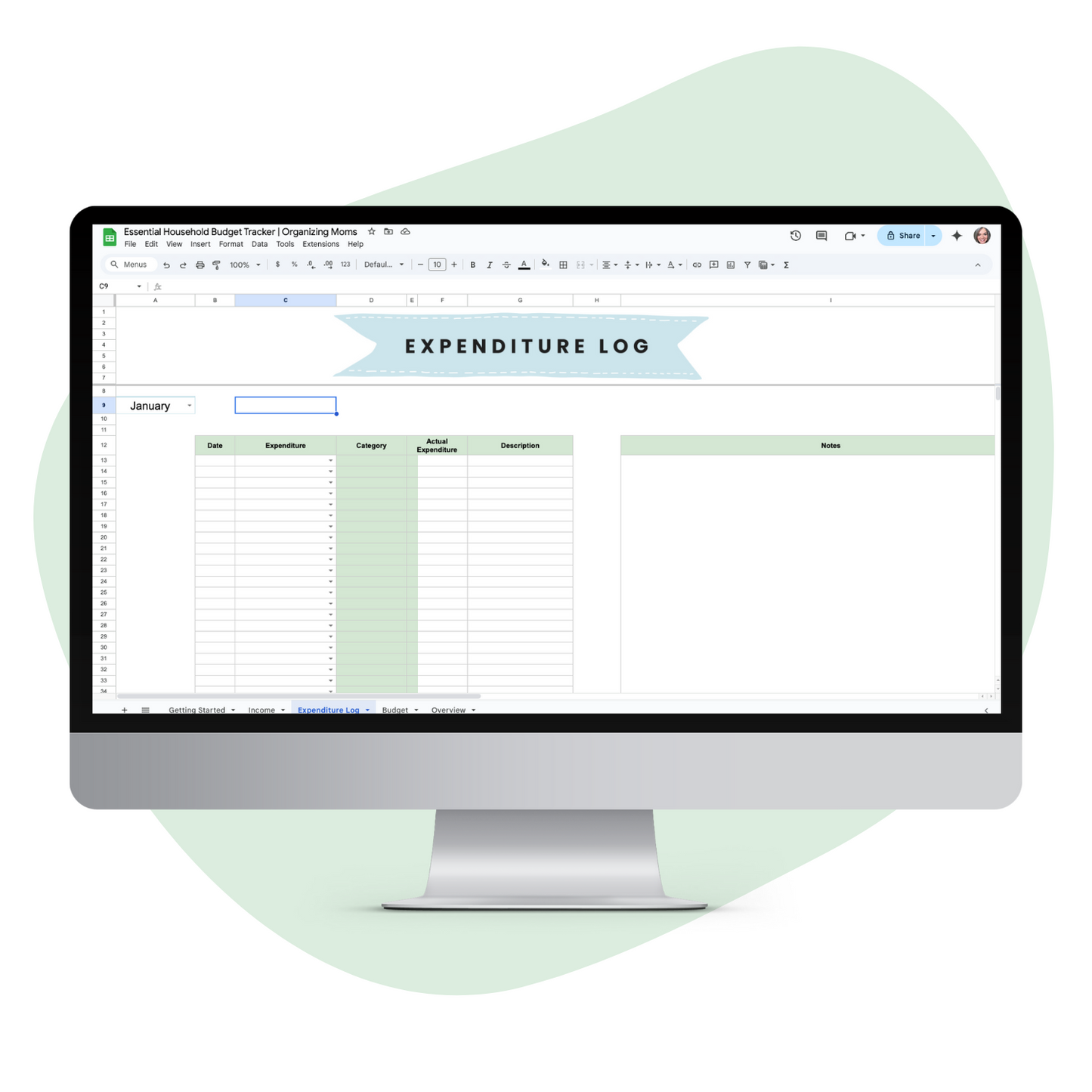 Mockup of the expenditure log page on the Essential Budget Tracker Spreadsheet