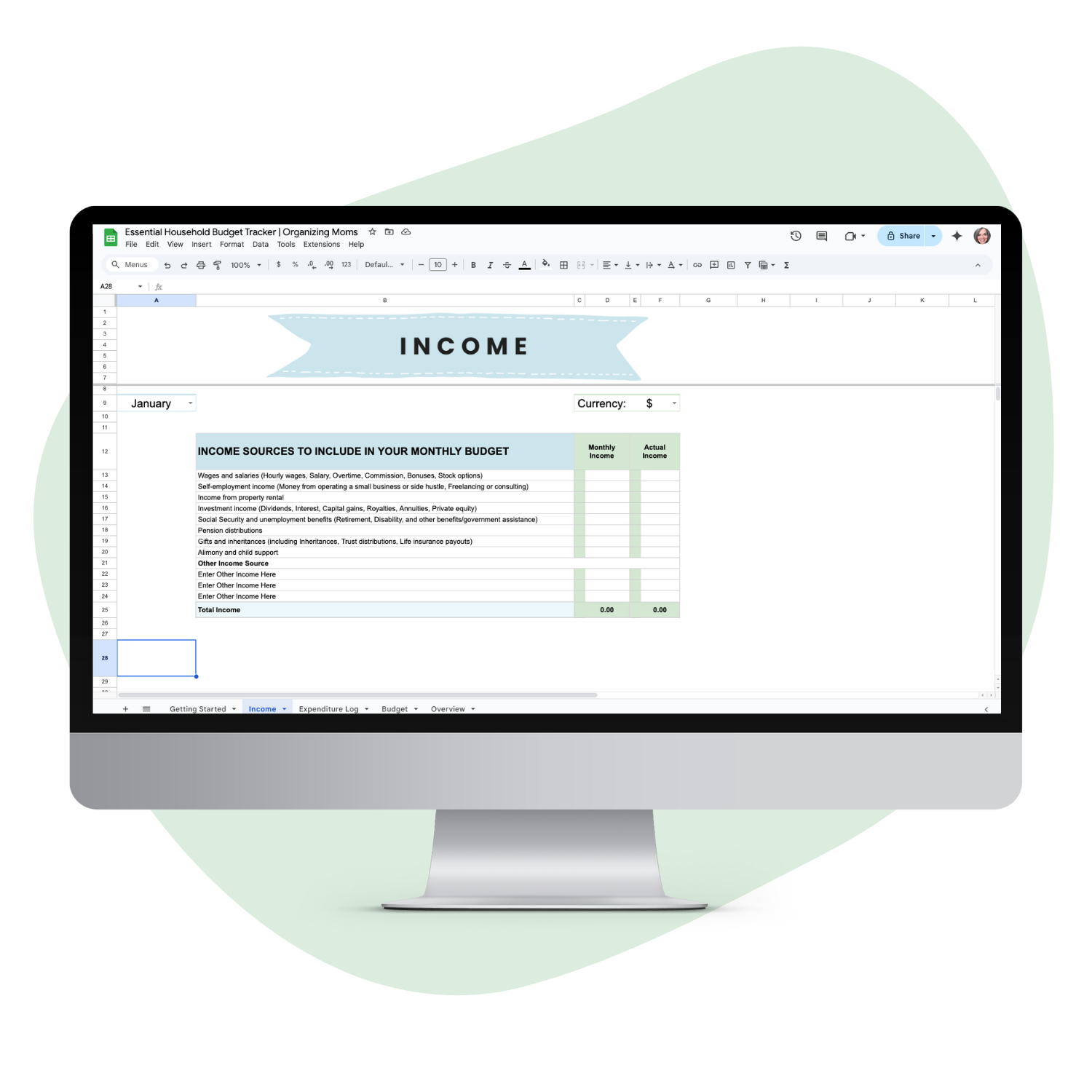 Mockup of the income page on the Essential Budget Tracker Spreadsheet