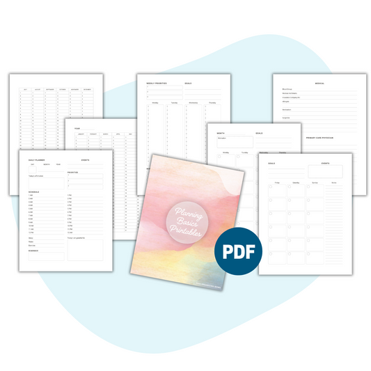 Mockup of Planning Basics Printables on light blue background