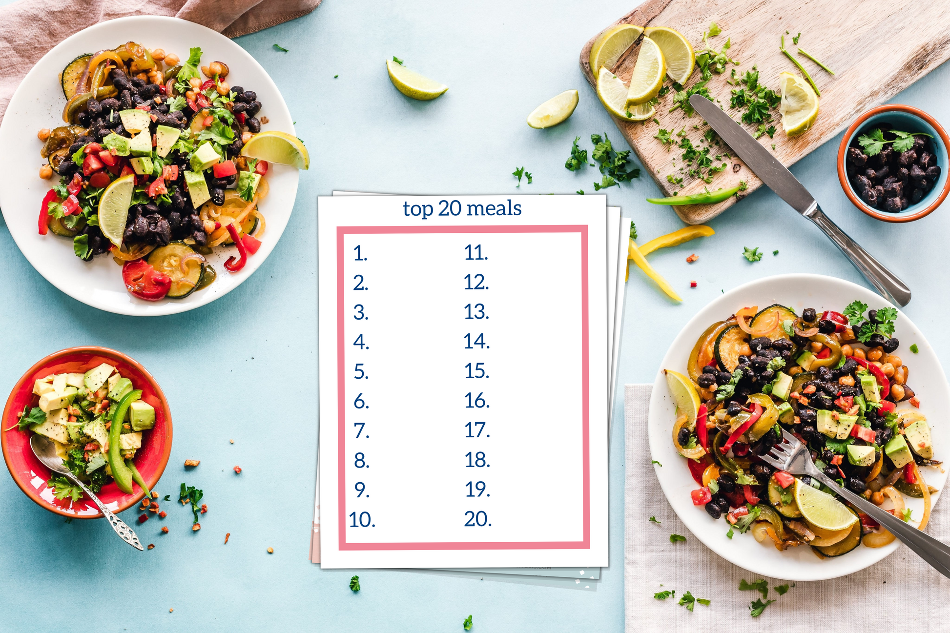 Top 20 meals mockup on table with delicious meals
