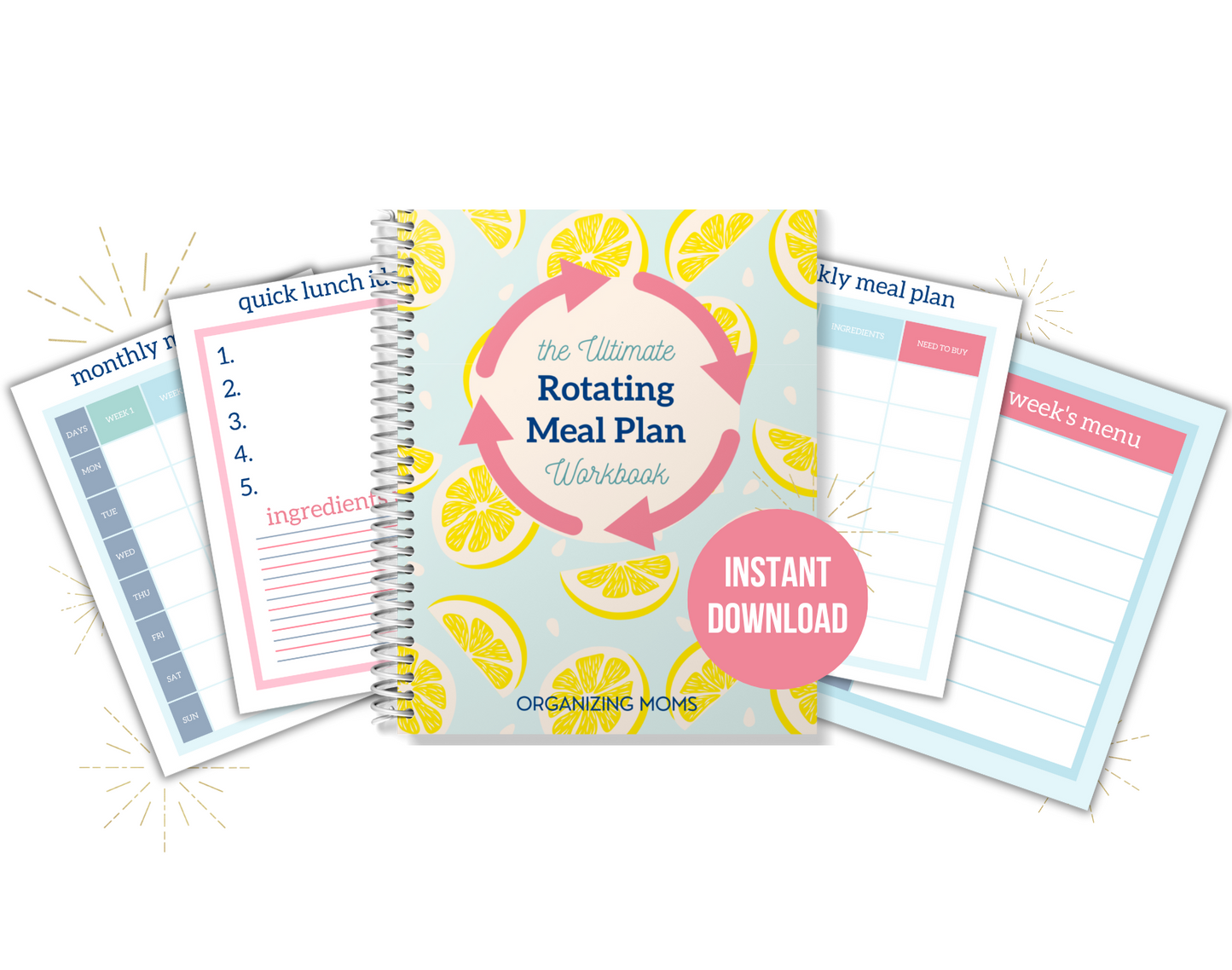 The Ultimate Rotating Meal Plan Instant Download pictured with several of the printable meal planning pages displayed.