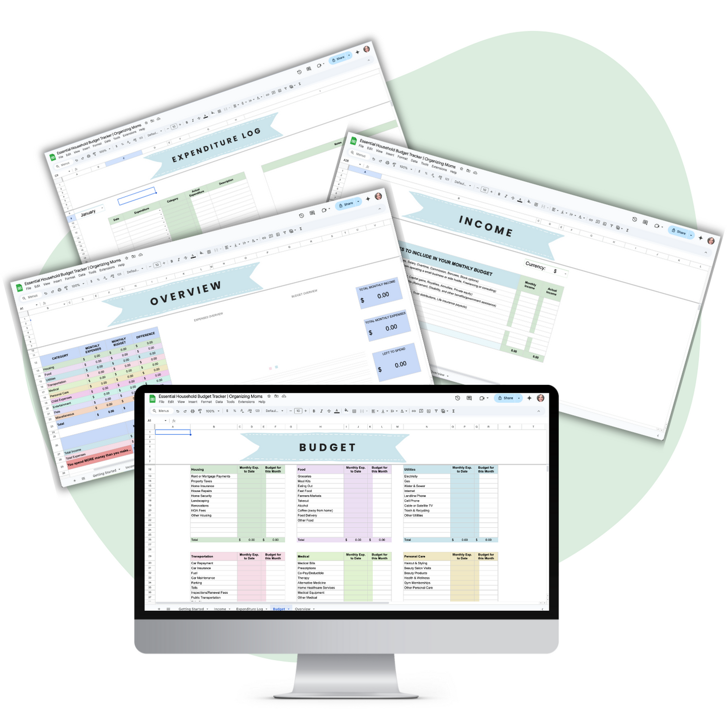 Mockup of sheets included in the Essential Budget Tracker Spreadsheet