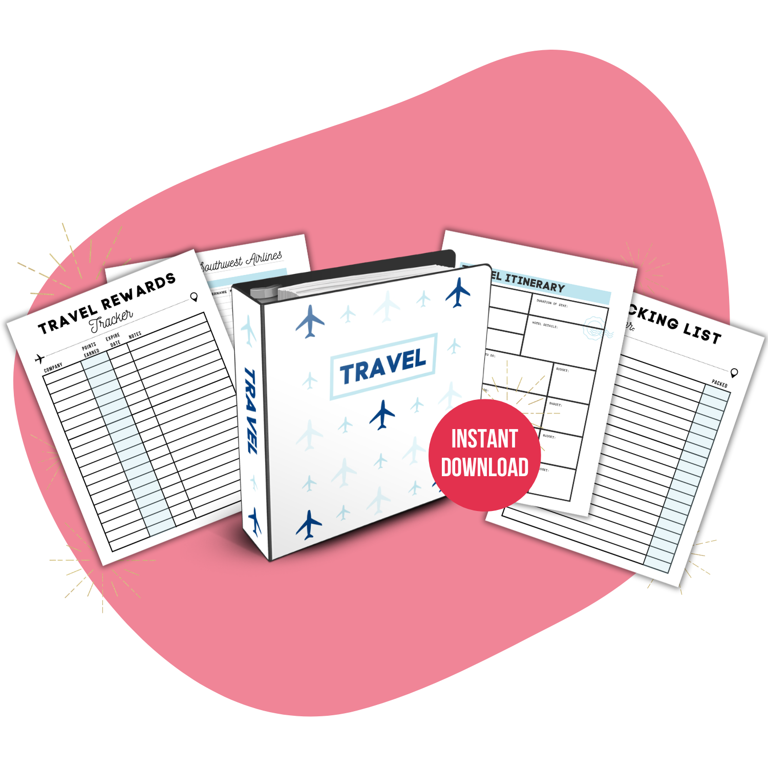 Travel Organization Printable Set Mockup. Includes Travel Rewards Tracker, Airline Miles Tracker, Travel Itinerary, Packing List. Instant Download.