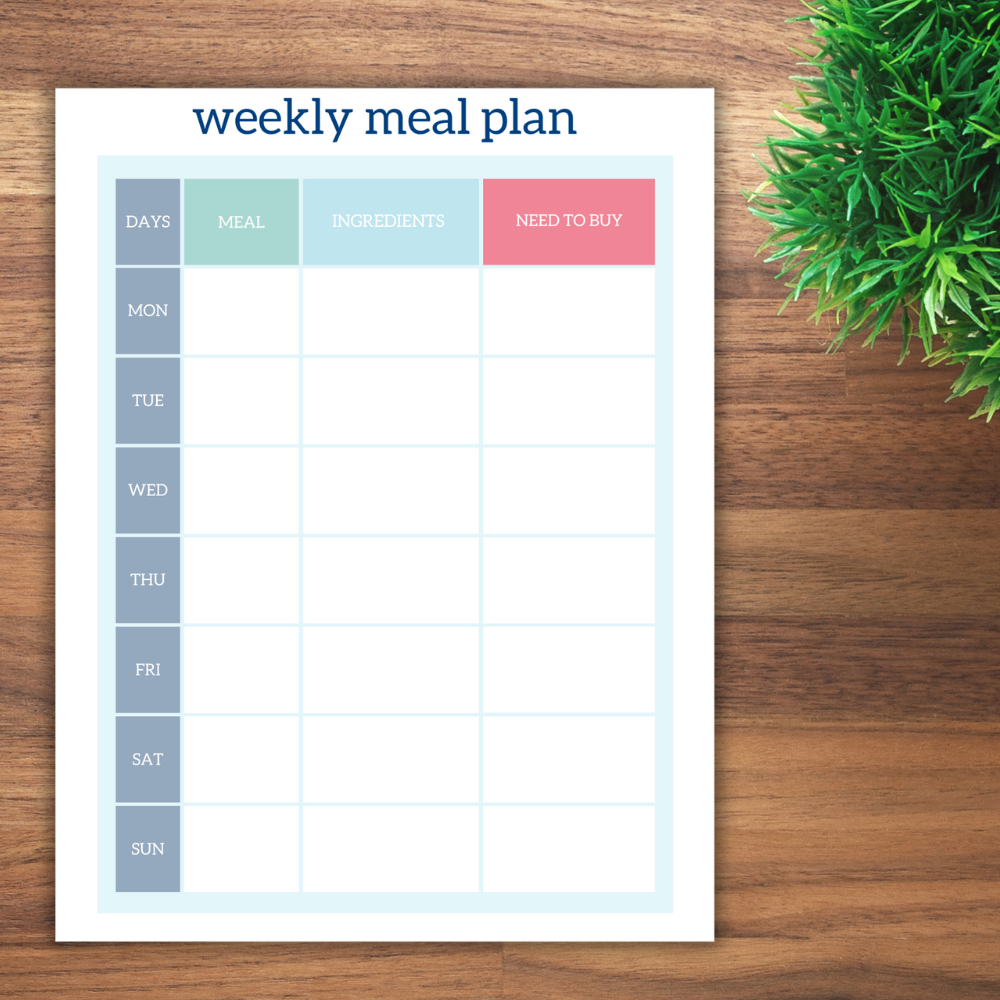 Weekly Meal Plan printable with columns for meals, ingredients, and need to buy.