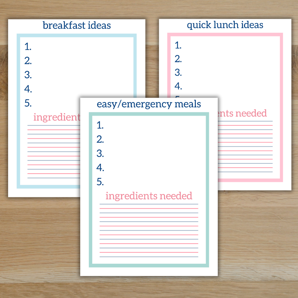 Mockup of breakfast ideas, quick lunch ideas, and easy/emergency meals printables